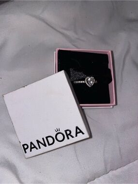 Pandora Silver Heart Ring with Clear Center Stone in Pink Box